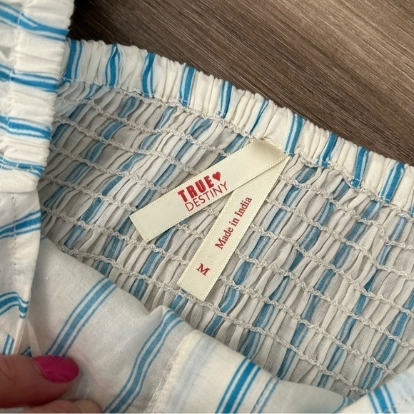 True Destiny White Blue Stripe Front Button Crop Puff Sleeve Top Women MediumNWT - Picture 4 of 7